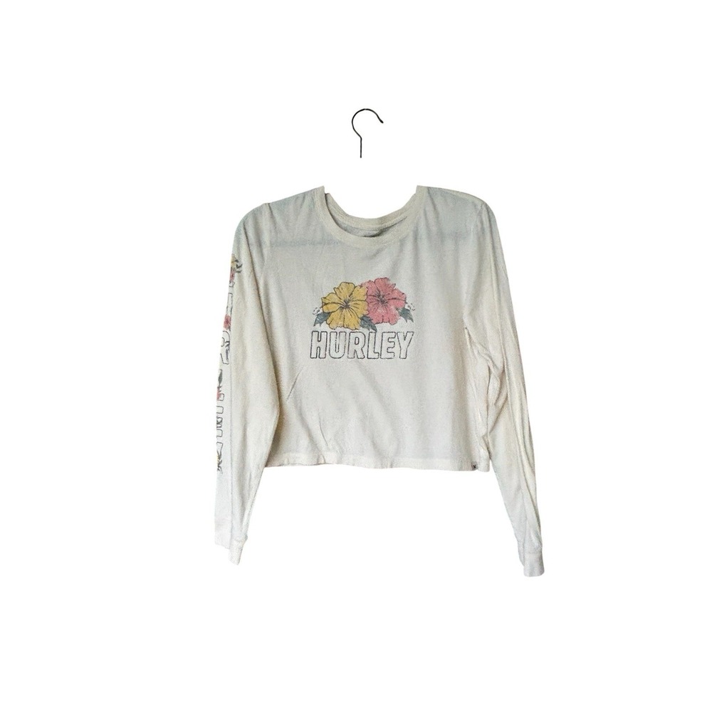 Hurley Floral Logo Crop Top Long Sleeve Y2K Surf Skate Tee Sz M